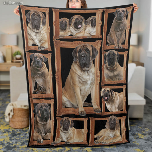 Dog Lover Quilt Blanket, Fleece Blanket with Mastiff Dog Images in Wooden Frame Style