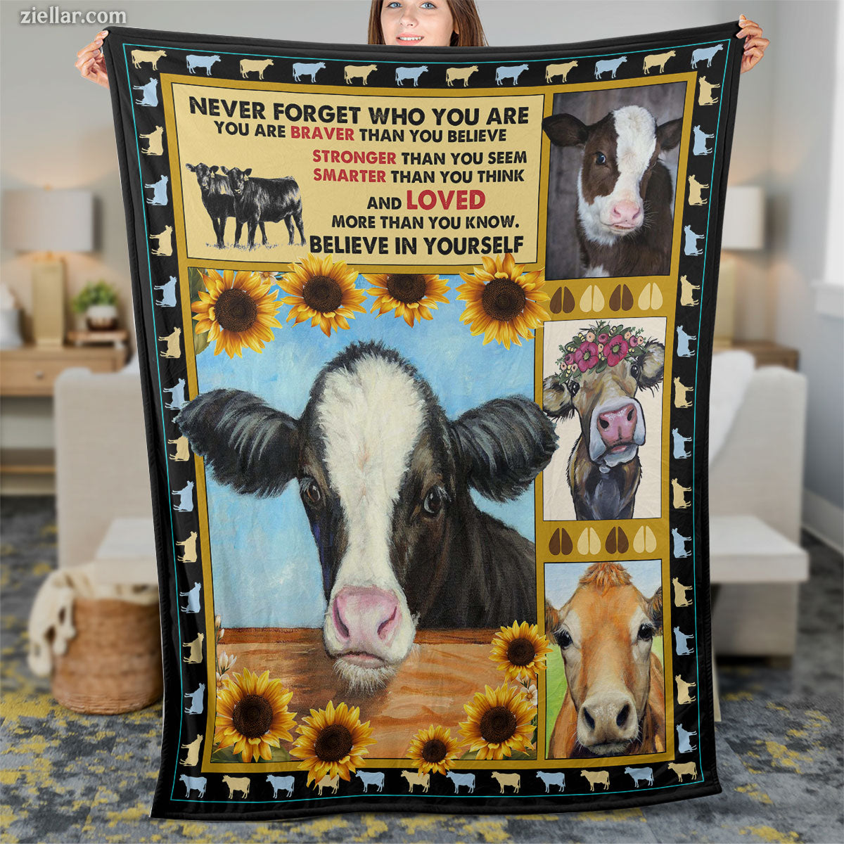Cow and Sunflower Quilt Blanket, Fleece Blanket Gift with Motivational Country Quote