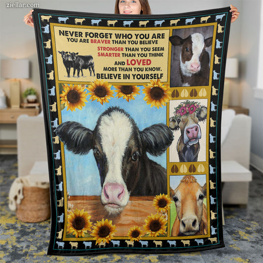 Cow and Sunflower Quilt Blanket, Fleece Blanket Gift with Motivational Country Quote