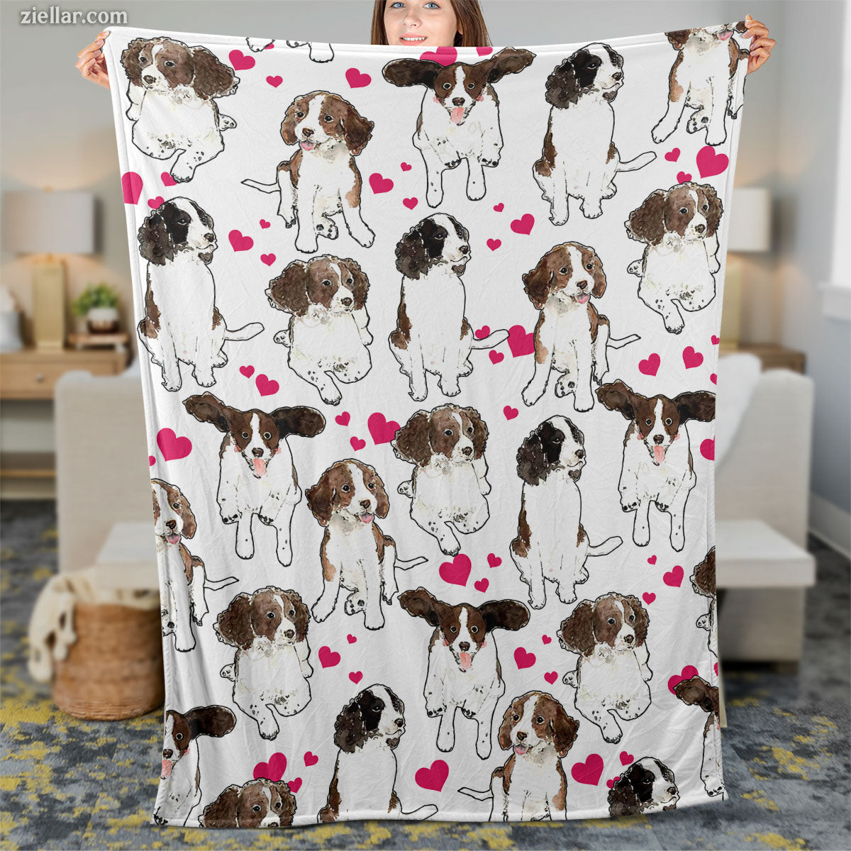 Cute Puppy Pattern Quilt Blanket, Fleece Blanket with Cartoon Dogs and Pink Hearts