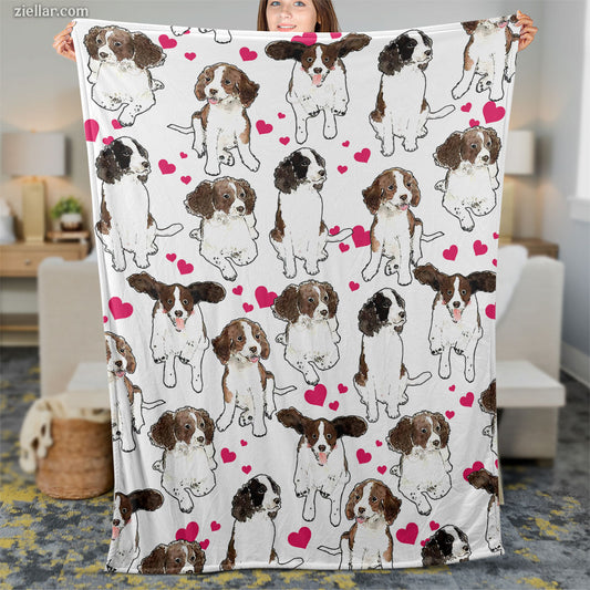 Cute Puppy Pattern Quilt Blanket, Fleece Blanket with Cartoon Dogs and Pink Hearts