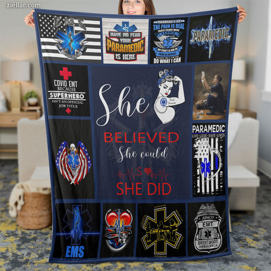 EMS Paramedic Quilt Blanket, Fleece Blanket Gift with First Responder Appreciation Art