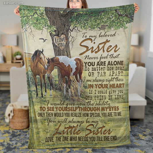 To My Sister Quilt Blanket, Fleece Blanket Gift with Horse and Nature-Themed Message
