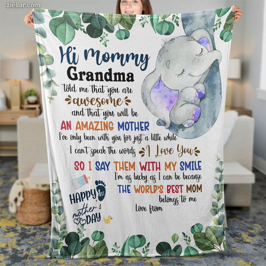 To Mommy Quilt Blanket, Fleece Blanket Gift for Grandma with Baby Sloth and Greenery