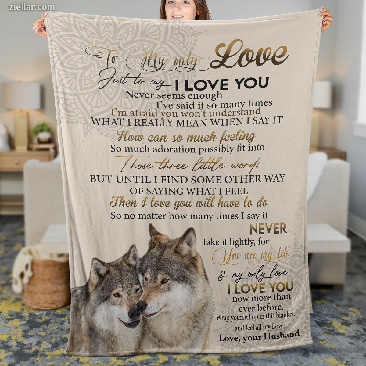 To My Love Quilt Blanket, Fleece Blanket Gift with Wolves and Romantic Nature Message