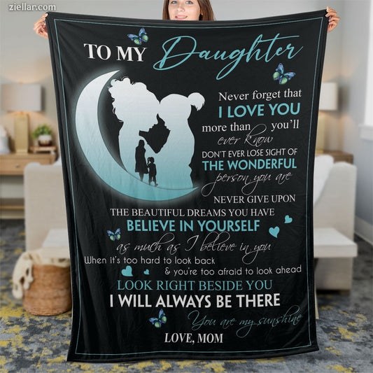To My Daughter Quilt Blanket, Fleece Blanket Gift with Moon Silhouette and Sweet Quote
