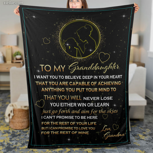 To My Granddaughter Quilt Blanket, Fleece Blanket Gift with Moon and Golden Wishes