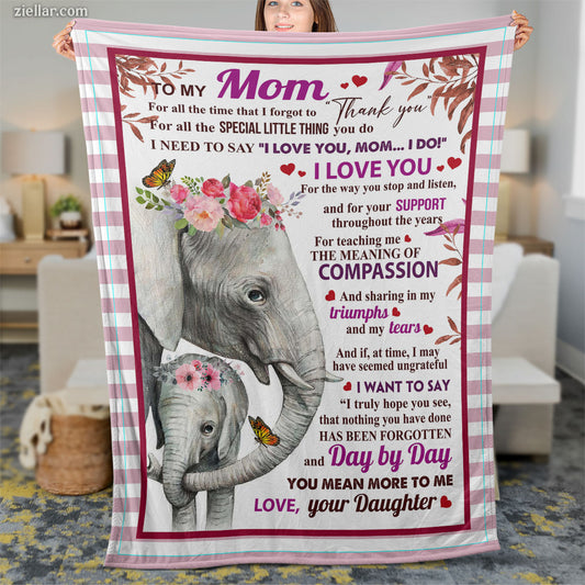 To My Mom Quilt Blanket, Fleece Blanket Gift with Baby Elephant and Loving Words
