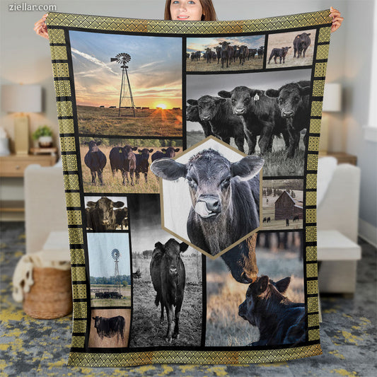 Farm Life Quilt Blanket, Fleece Blanket with Cows, Pasture, and Rustic Country Theme