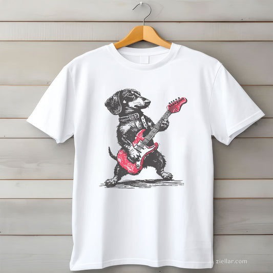 vintage dachshund weenie playing guitar Tee and T-Shirt, Funny Weenie Dog Playing Guitar Retro T-Shirt for Adults