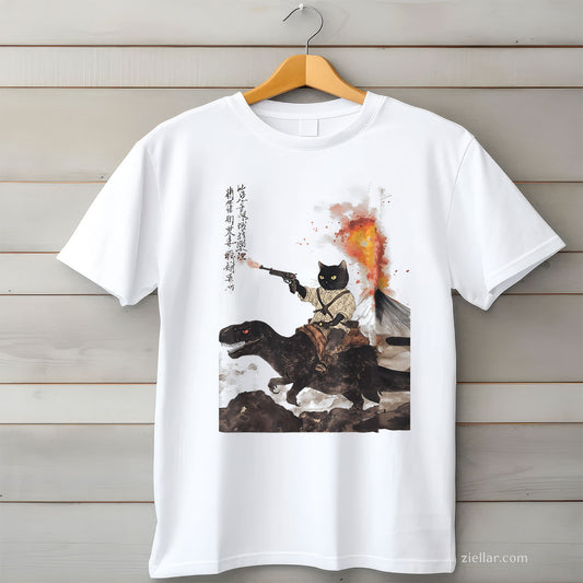 retro calligraphy cat dinosaur volcanic eruption art print Tee and T-Shirt, Retro Cat Dino Calligraphy Art Graphic T-Shirt for Adults