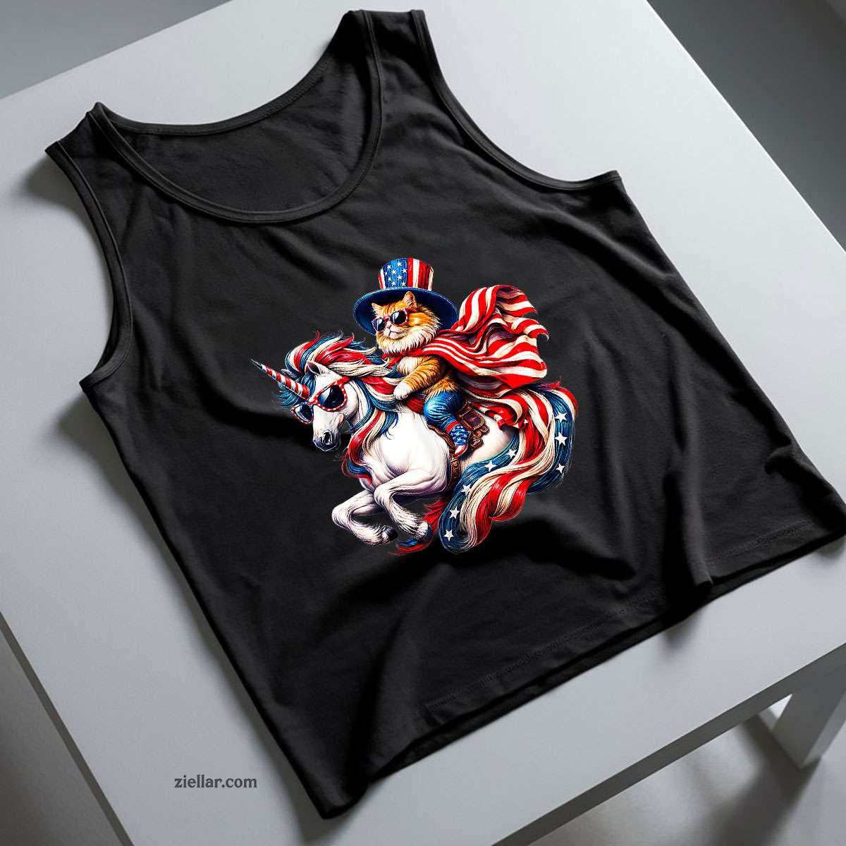 Cat riding Unicorn usa flag Patriotic 4th of July Tank Top Shirt Tee for Men Women Unisex