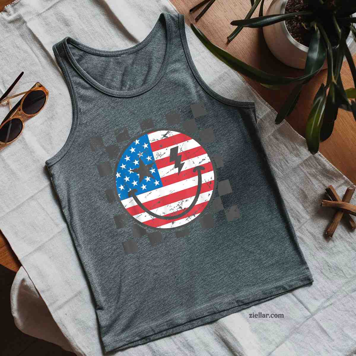 Happy 4th Of July Groovy Smile Face Red White Blue USA Flag Tank Top Shirt Tee for Men Women Unisex