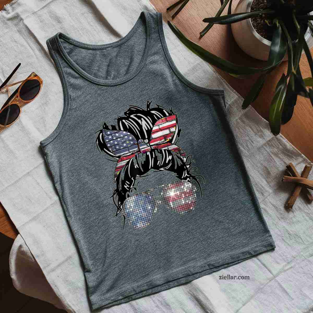 Messy Bun American Flag Glasses 4th of July Patriotic Tank Top Shirt Tee for Men Women Unisex