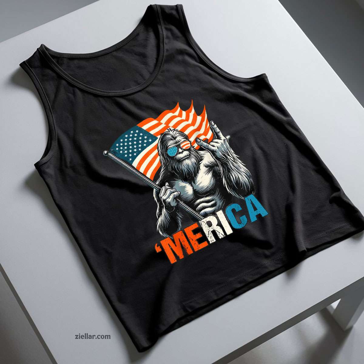 Bigfoot Merica Rock American Flag Patriotic 4th Of July Tank Top Shirt Tee for Men Women Unisex