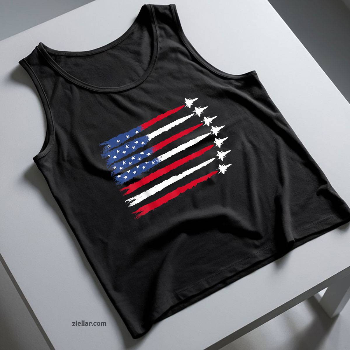Patriotic Red White Blue USA Flag Fighter Jets 4th of July Tank Top Shirt Tee for Men Women Unisex