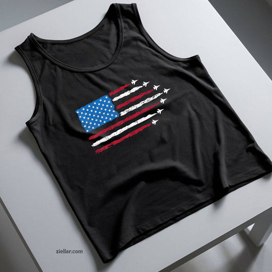 Patriotic Red White Blue USA Flag Fighter Jets 4th of July Tank Top Shirt Tee for Men Women Unisex Limited Edition