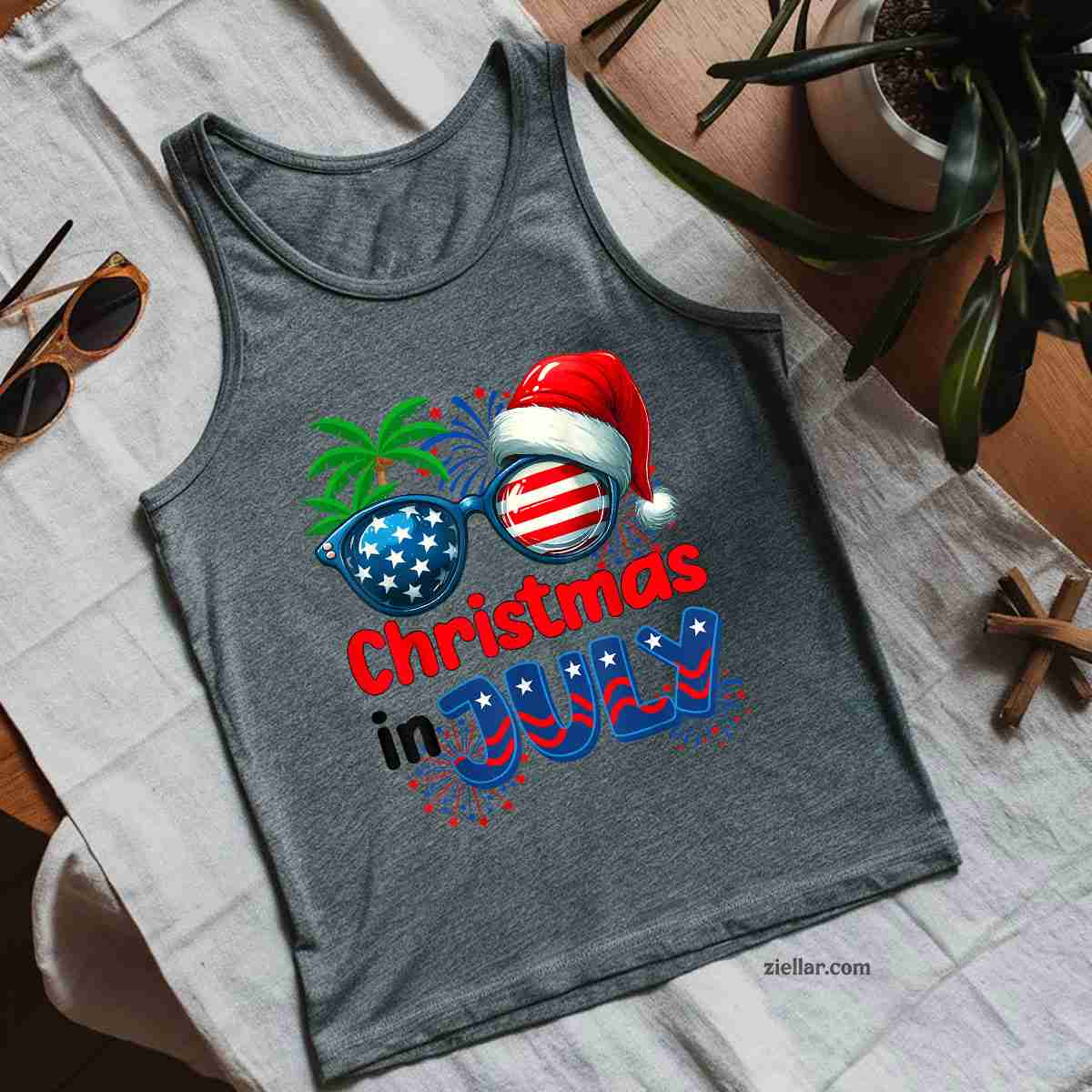 Christmas In July Summer Beach Hawaii Santa USA Flag Mens Tank Top Shirt Funny Christmas in July Tee and Tank Top Shirt for Men Women Adults