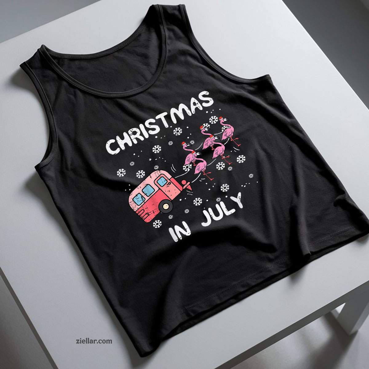 Christmas In July Flamingo Trailer Summer Xmas Camp Camper Tank Top Shirt Funny Christmas in July Tee and Tank Top Shirt for Men Women Adults