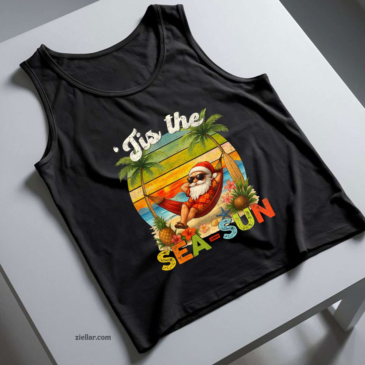 Tis The Sea-Sun Funny Christmas In July Hawaii Santa Beach Tank Top Shirt Funny Christmas in July Tee and Tank Top Shirt for Men Women Adults
