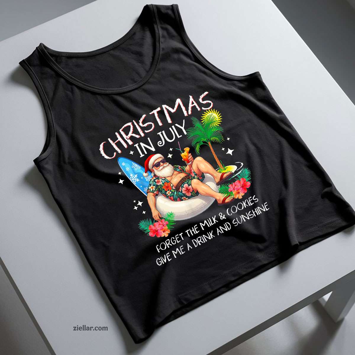 Christmas In July Palm Tree Beach Summer Hawaii Santa Mens Tank Top Shirt Funny Christmas in July Tee and Tank Top Shirt for Men Women Adults