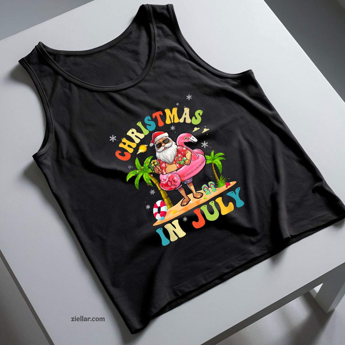 Christmas In July Funny Santa Summer Beach Vacation Tank Top Shirt Funny Christmas in July Tee and Tank Top Shirt for Men Women Adults
