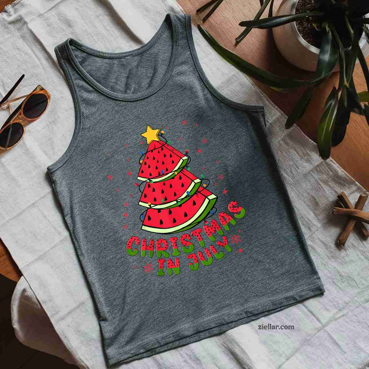 Christmas In July Watermelon Tree Beach Summer Hawaii Gifts Tank Top Shirt Funny Christmas in July Tee and Tank Top Shirt for Men Women Adults