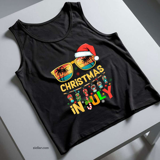 Santa Claus Sunglasses Beach Christmas In July Men Women Tank Top Shirt Funny Christmas in July Tee and Tank Top Shirt for Men Women Adults Perfect Gift