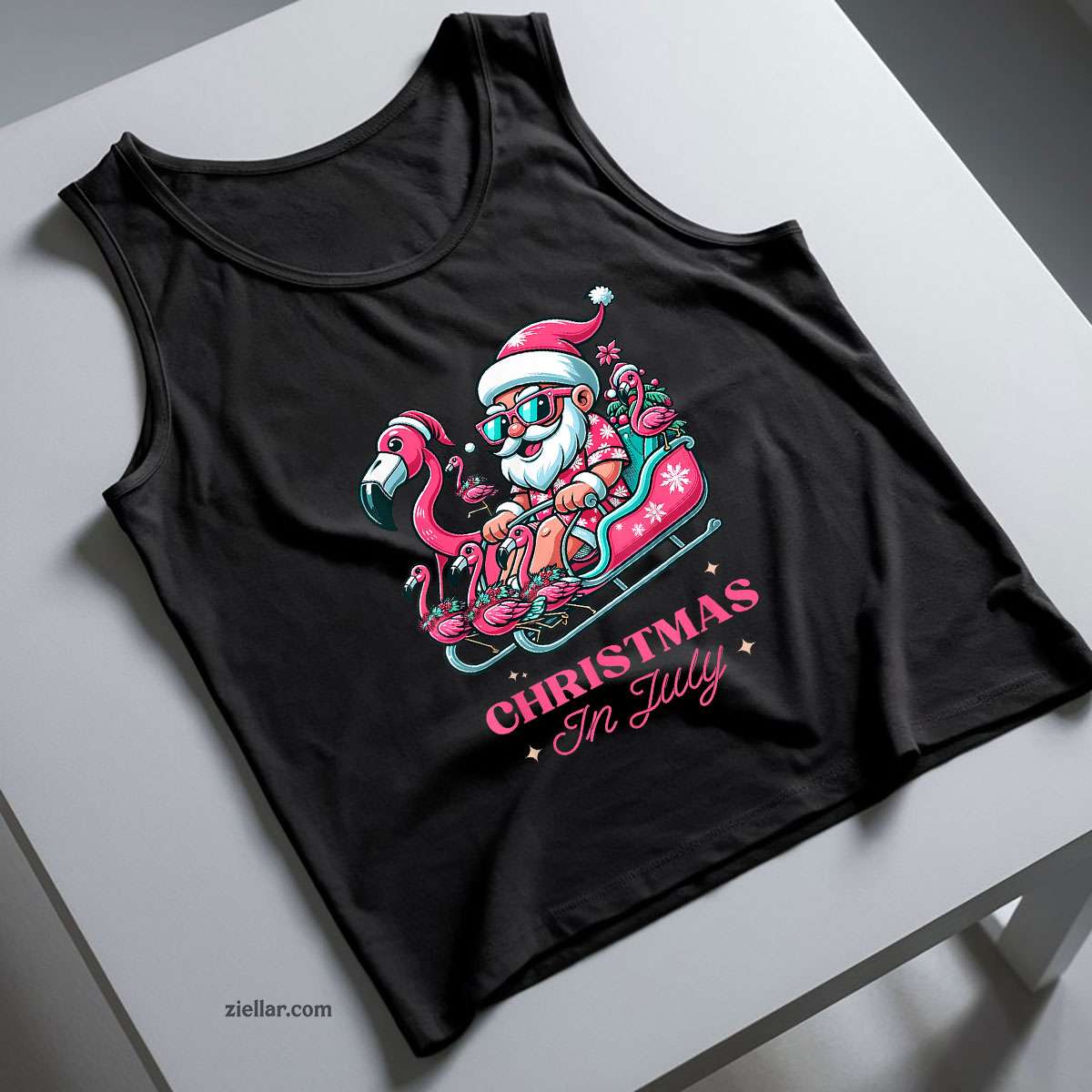 Funny Christmas in July Summer Santa Flamingo Sleigh Xmas Tank Top Shirt Funny Christmas in July Tee and Tank Top Shirt for Men Women Adults