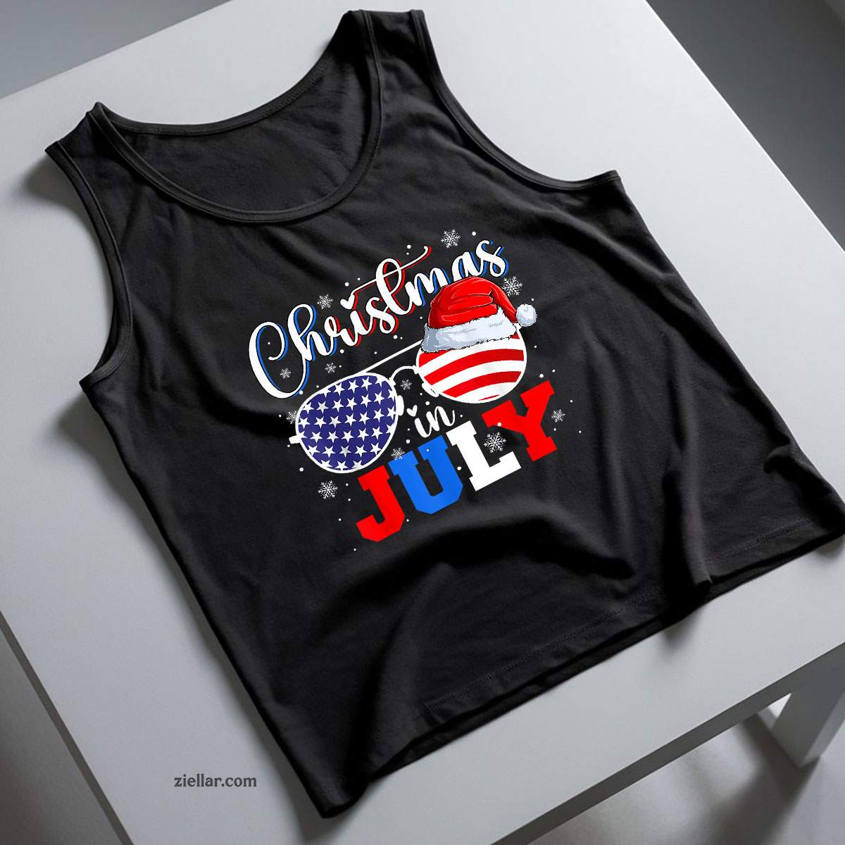 Christmas In July Santa Hat Sunglasses USA Flag 4th of July Tank Top Shirt Funny Christmas in July Tee and Tank Top Shirt for Men Women Adults