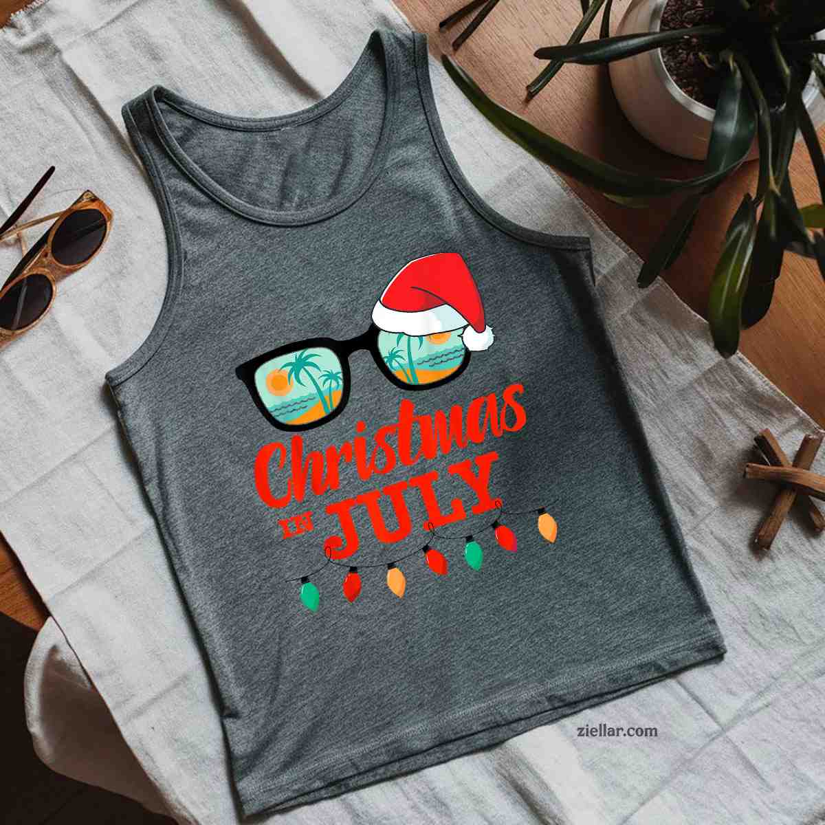 Christmas in july with sunglasses santa hat for summer xmas Tank Top Shirt Funny Christmas in July Tee and Tank Top Shirt for Men Women Adults