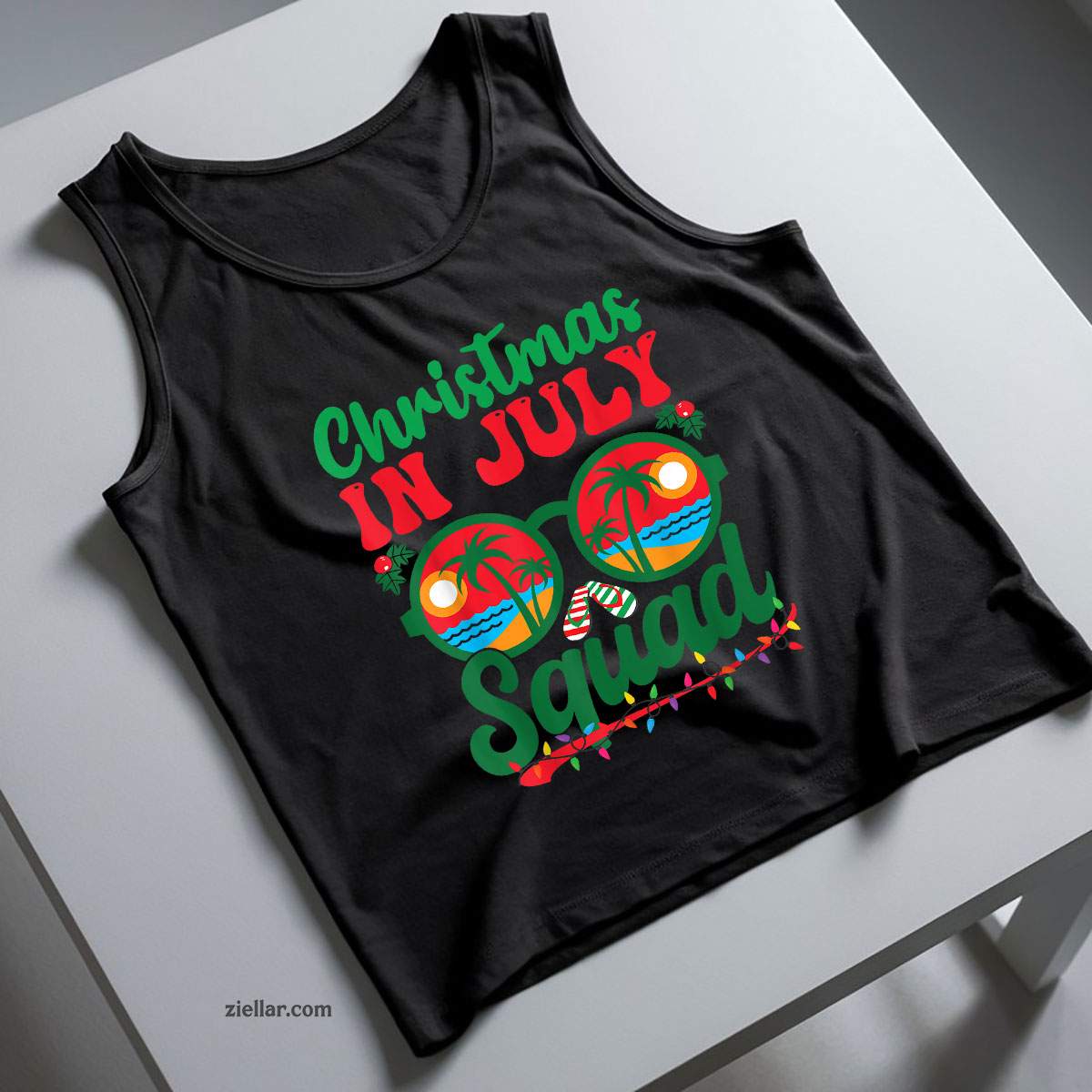 Christmas In July Squad Retro Sunglass Palm Tree Summer Xmas Tank Top Shirt Funny Christmas in July Tee and Tank Top Shirt for Men Women Adults