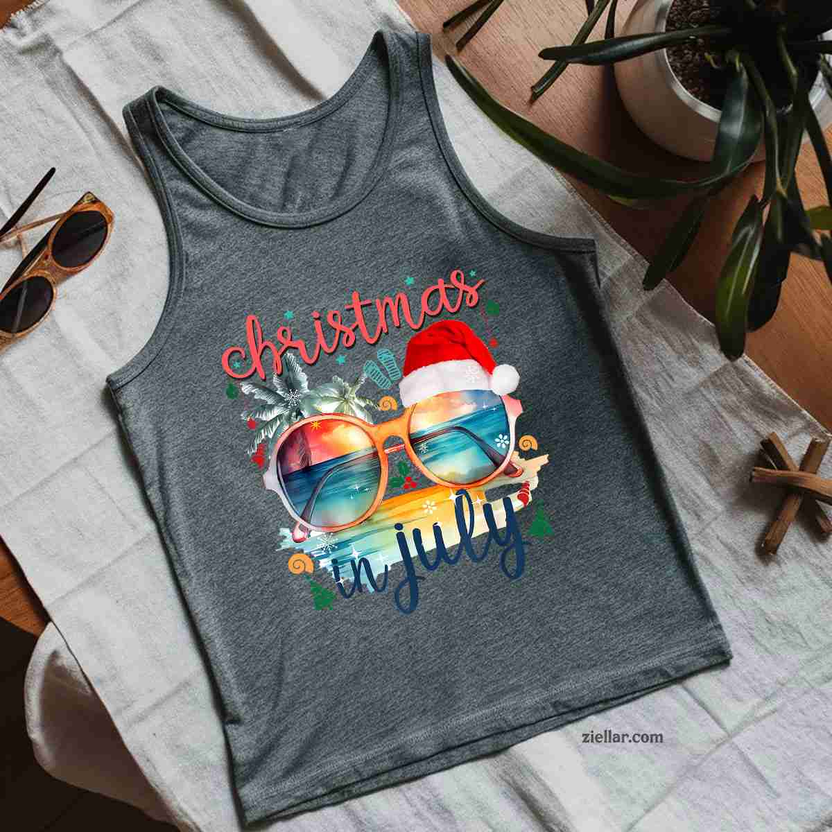 Sunglasses Christmas in July Santa Hat Summer Vacation cute Tank Top Shirt Funny Christmas in July Tee and Tank Top Shirt for Men Women Adults