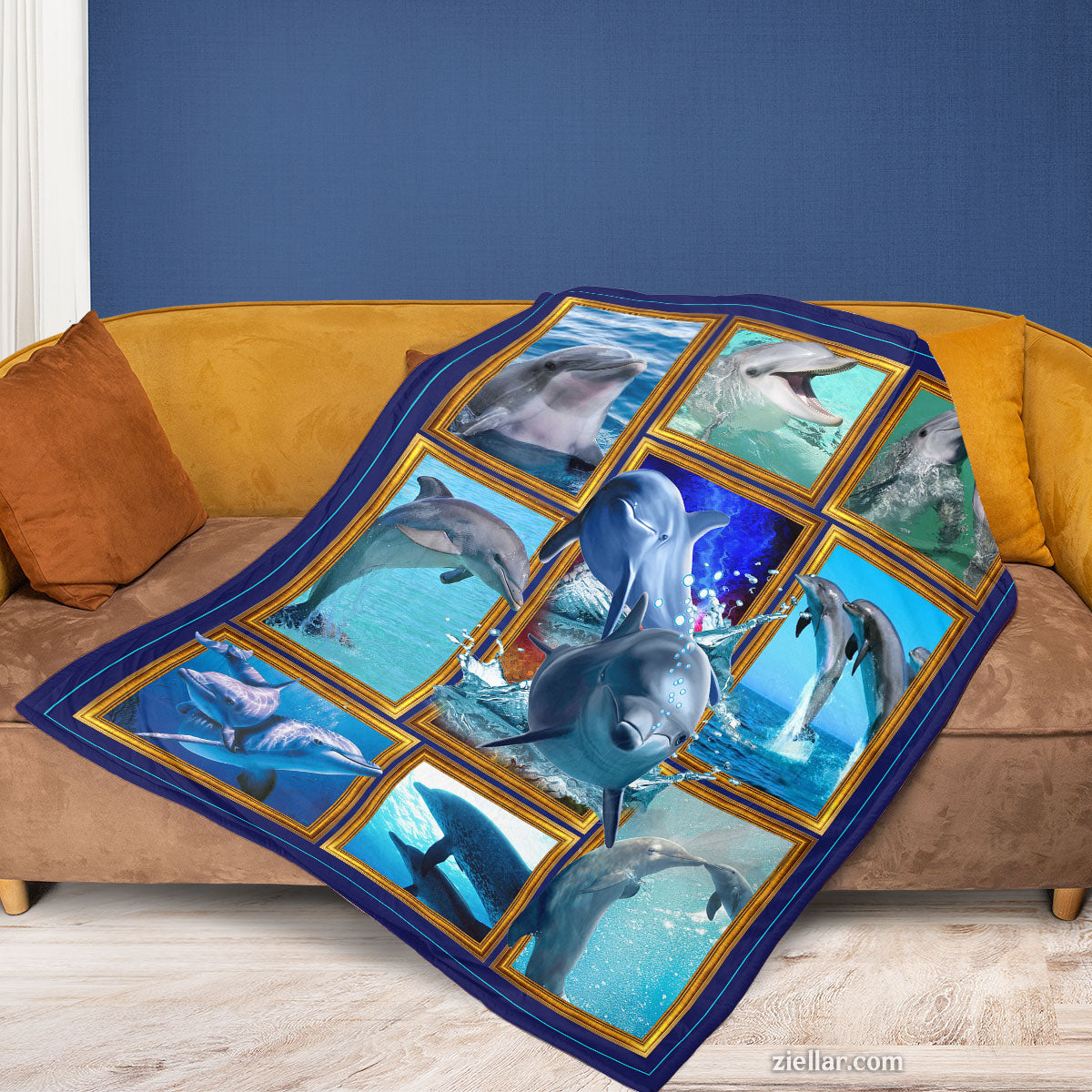 Dolphin Ocean Quilt Blanket, Fleece Blanket with Underwater Dolphin Photography Grid