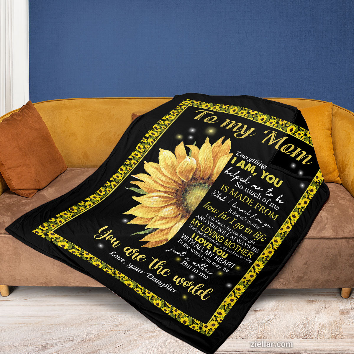 To My Mom Quilt Blanket, Fleece Blanket with Bold Yellow Sunflower and Loving Note