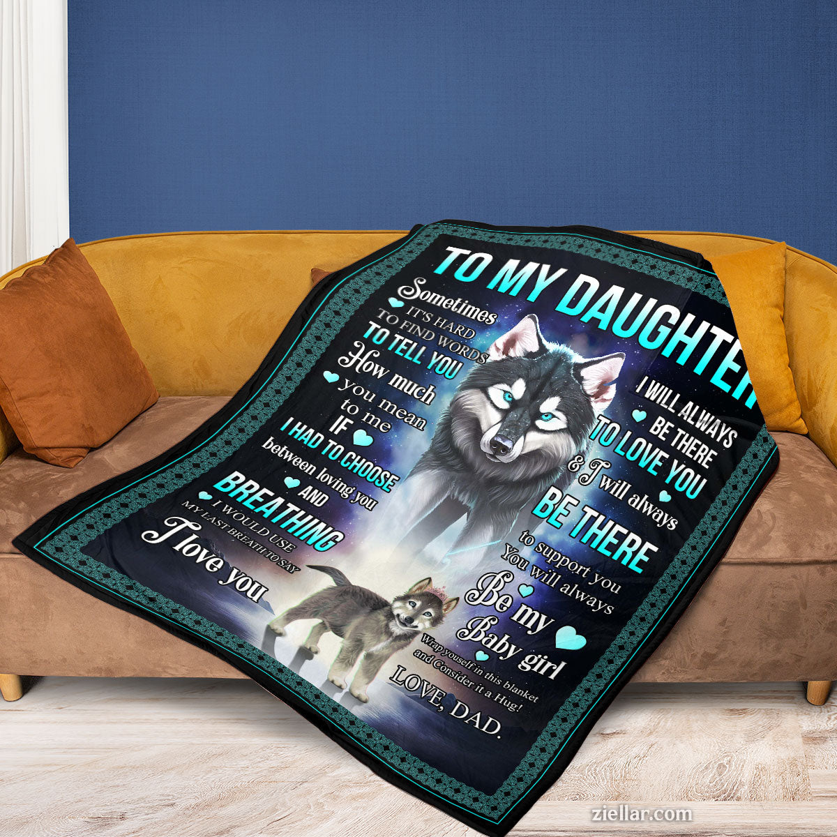 To My Daughter Quilt Blanket, Fleece Blanket with Wolves, Stars and Father’s Message