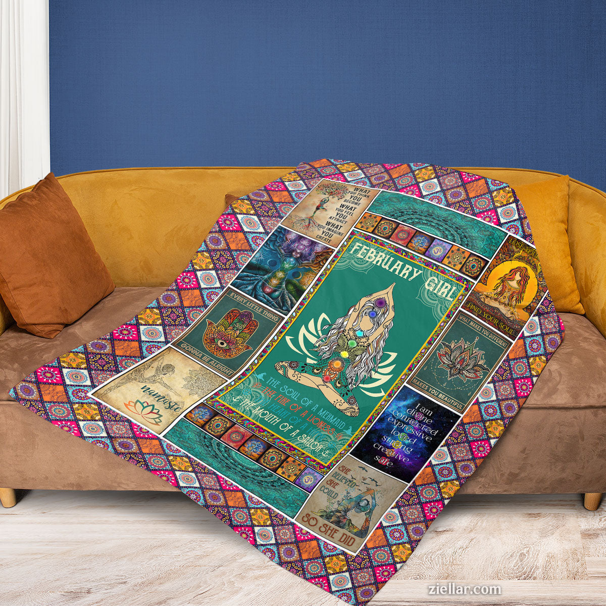 February Girl Quilt Blanket, Fleece Blanket with Zodiac Lotus and Motivational Sayings