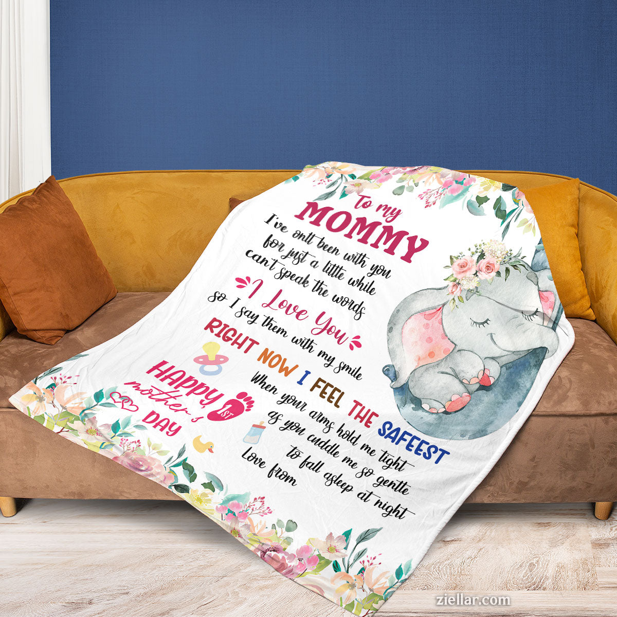 To My Mommy Quilt Blanket, Fleece Blanket with Baby Elephant and Touching Love Letter