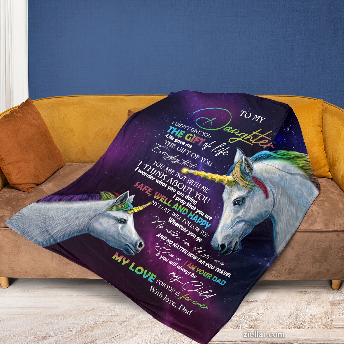 To My Daughter Quilt Blanket, Fleece Blanket Gift with Unicorns and Starry Sky Theme
