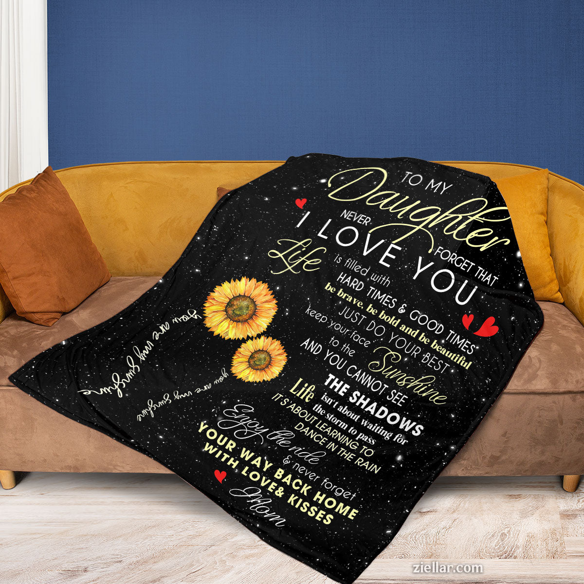 To My Daughter Quilt Blanket, Fleece Blanket with Sunflowers and Uplifting Message