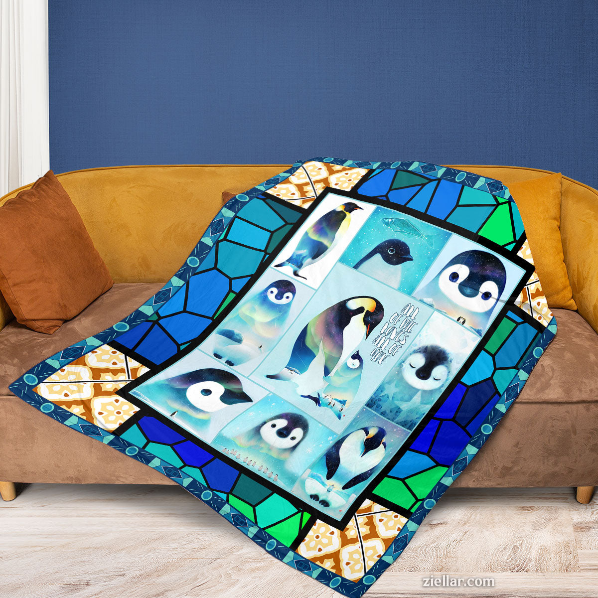 Penguin Love Quilt Blanket, Fleece Blanket with Stained Glass Style and Arctic Penguins