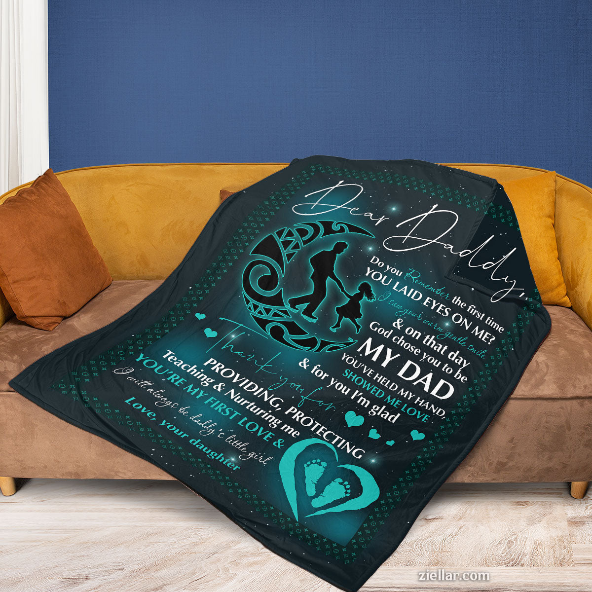 To My Dad Quilt Blanket, Fleece Blanket with Message from Daughter and Blue Heart Design