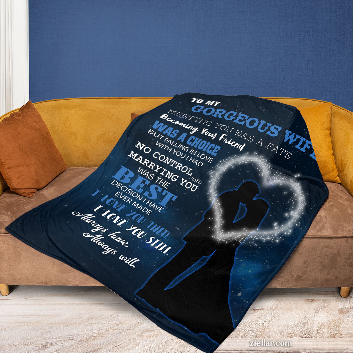 To My Gorgeous Wife Quilt Blanket, Fleece Blanket with Romantic Silhouette and Heart Art