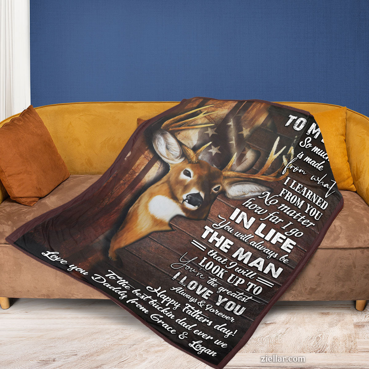 To My Dad Quilt Blanket, Fleece Blanket Gift with Deer Illustration and Wooden Background