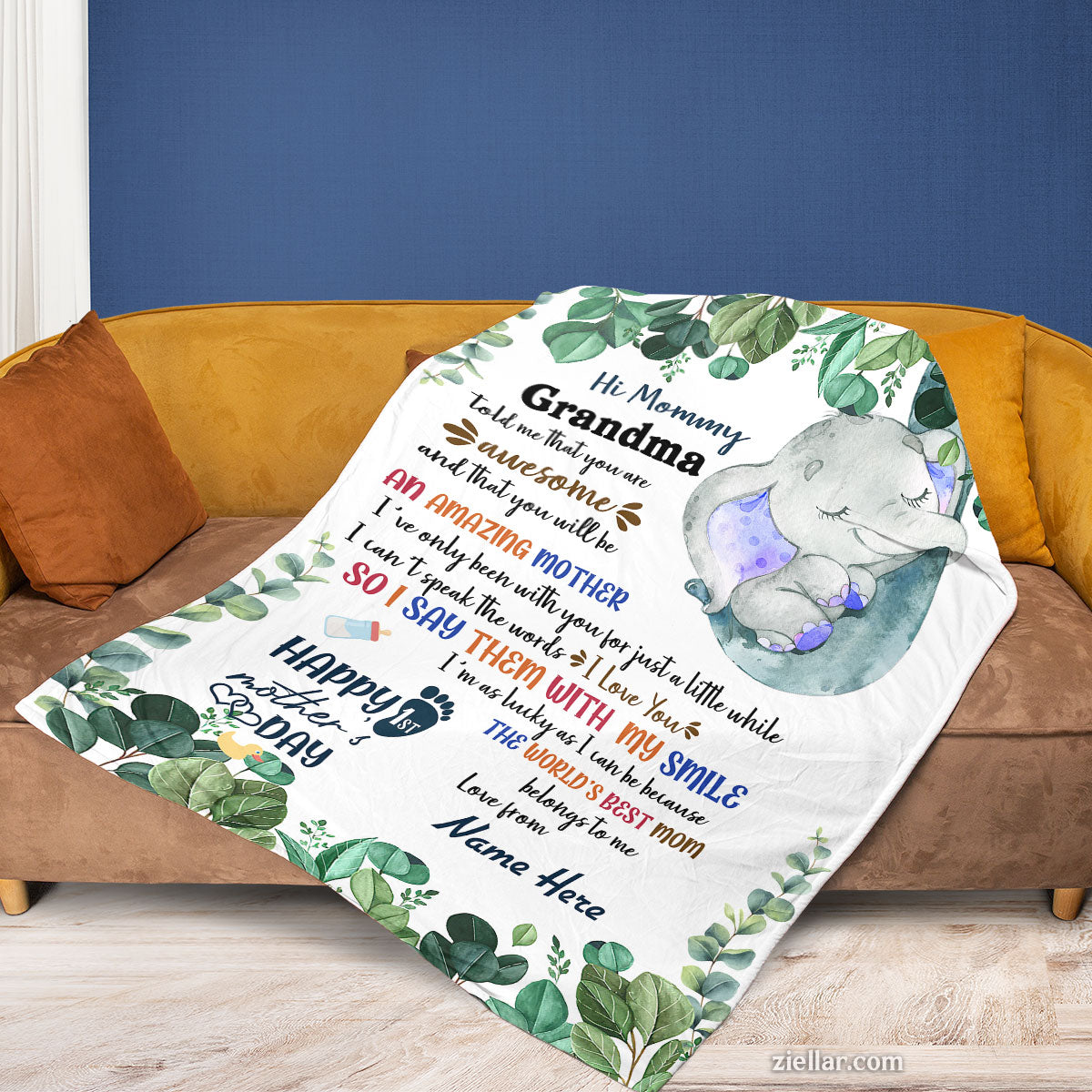 To My Mommy and Grandma Quilt Blanket, Fleece Blanket with Baby Elephant and Soft Colors
