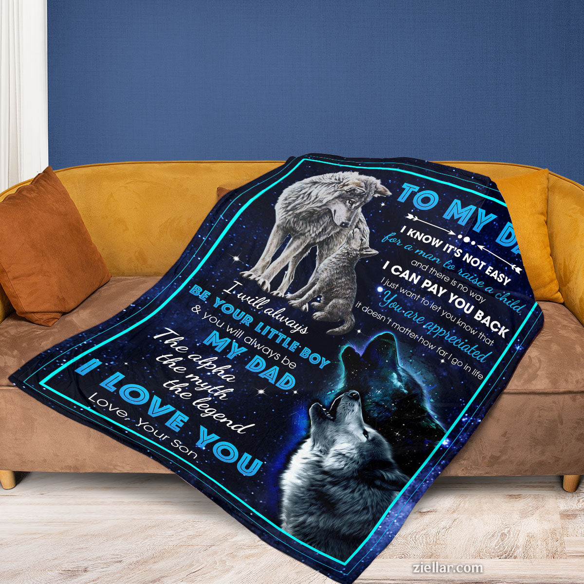 To My Dad Quilt Blanket, Fleece Blanket Gift from Son with Wolves and Blue Northern Theme