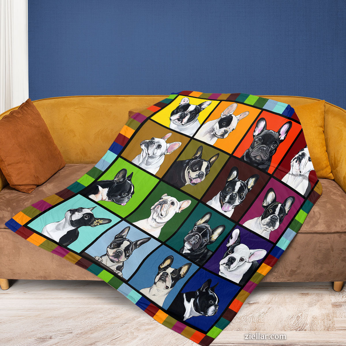 Dog Breed Pop Art Quilt Blanket, Fleece Blanket with Colorful French Bulldog Graphic Panels
