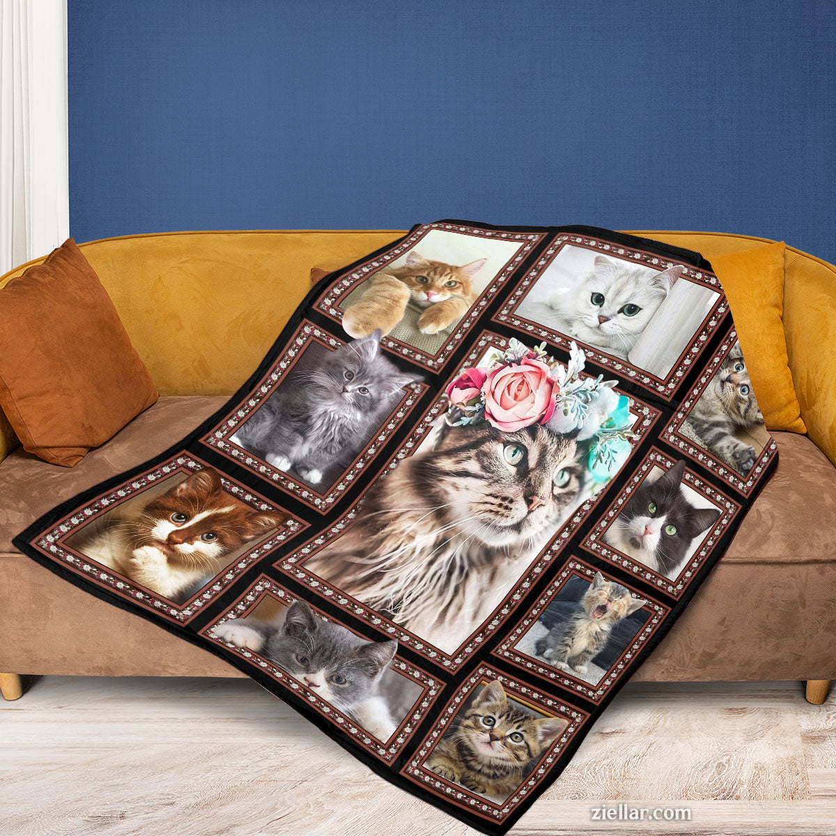 Cat Lover Collage Quilt Blanket, Fleece Blanket Gift with Cute Cats, Flowers, Personalized Name