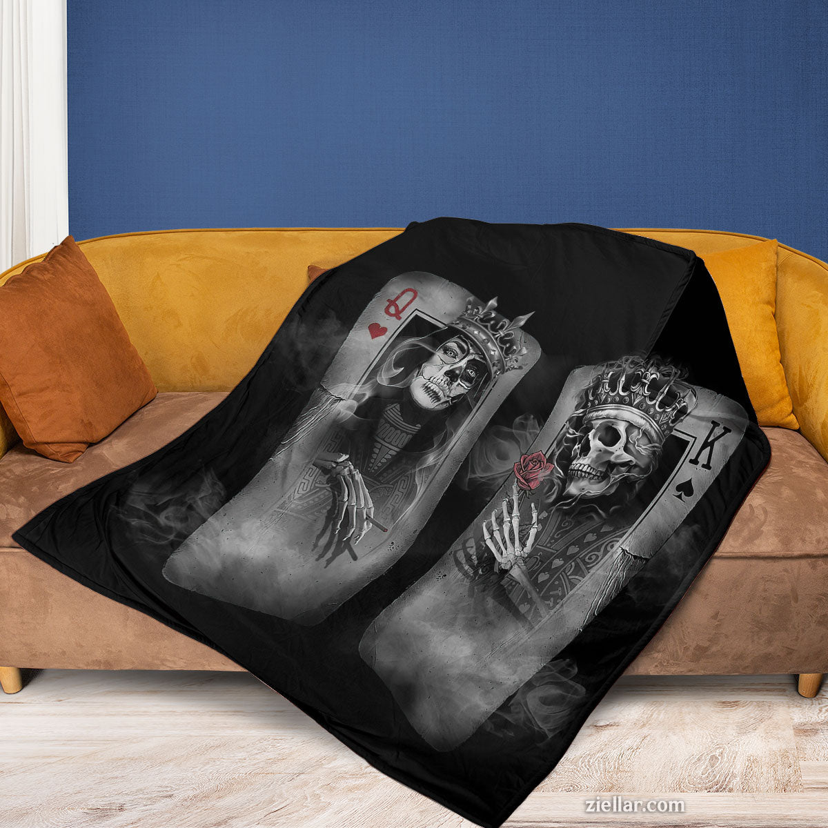 King and Queen Skull Quilt Blanket, Fleece Blanket Gift with Gothic Cards Art, Personalized Custom Name