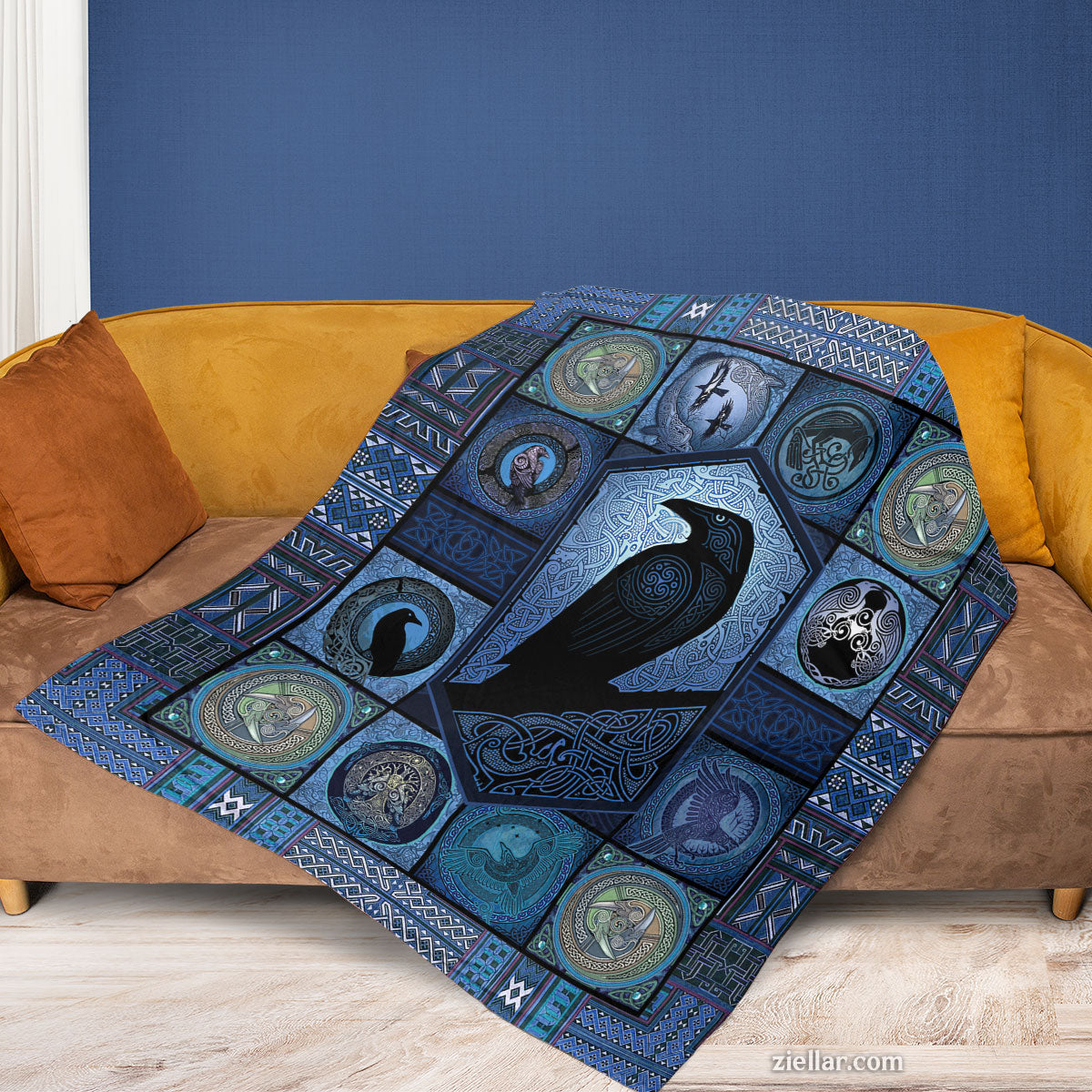 Raven Bird Blue Moon Quilt Blanket, Fleece Blanket with Crow Art and Gothic Style, Custom Name Option
